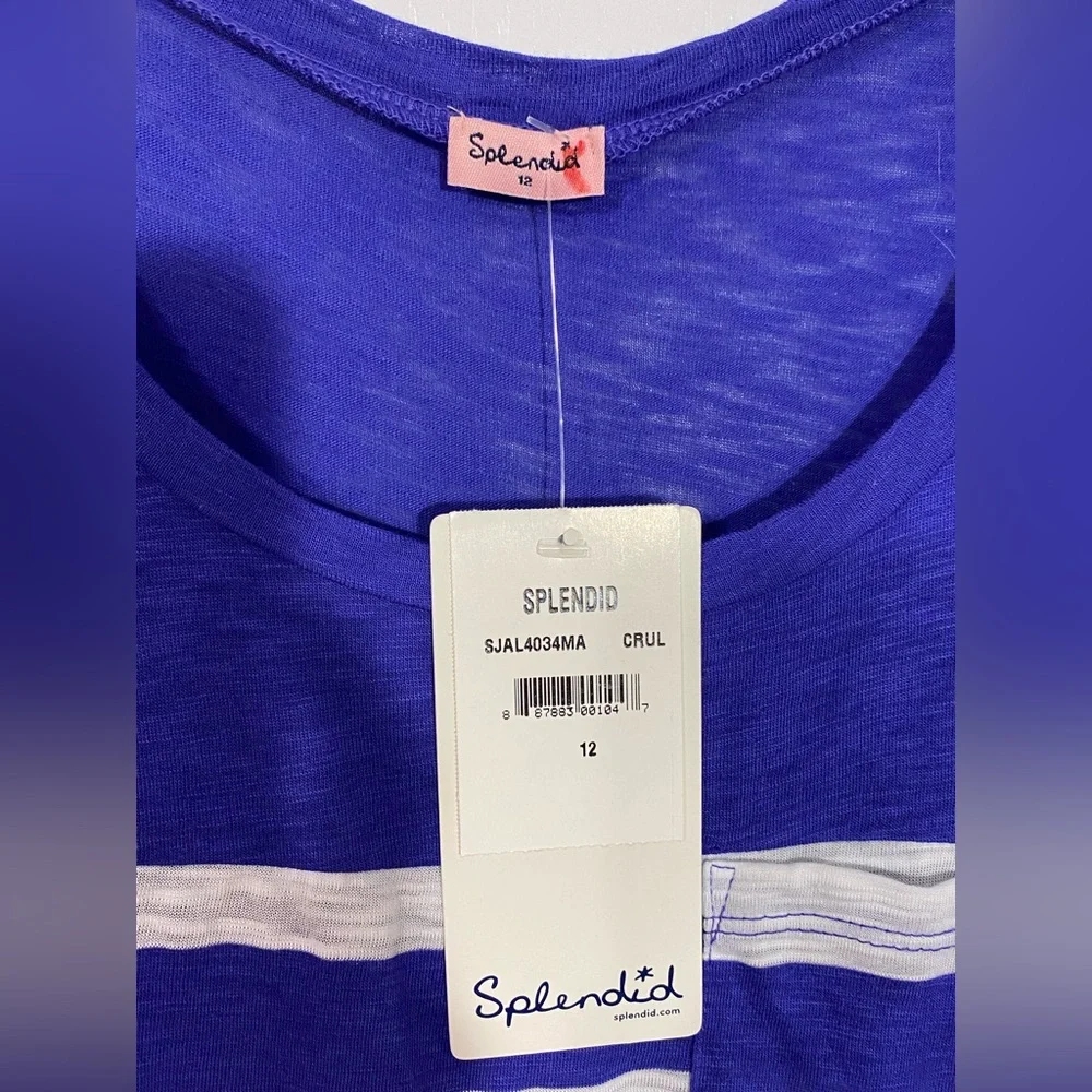 Splendid Striped Cap Sleeve Burnout Pocket Tee USA MADE Blue White Girl’s 12